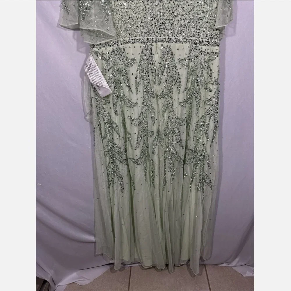 NWT $498 Mac Duggal [‎ 18 ] Sequined Butterfly Sleeve High Low Gown Sage Greeen